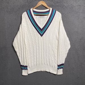 Men's Cream V-Neck Cable Knit Sweater with Multicolor Trim